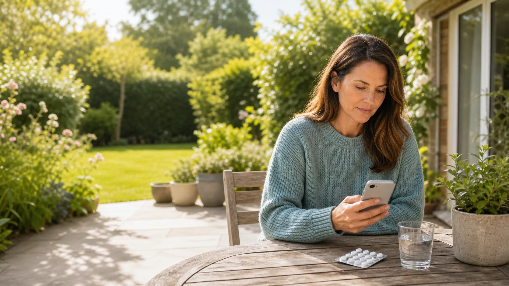 A person comparing treatment options on a phone in a sunny garden setting