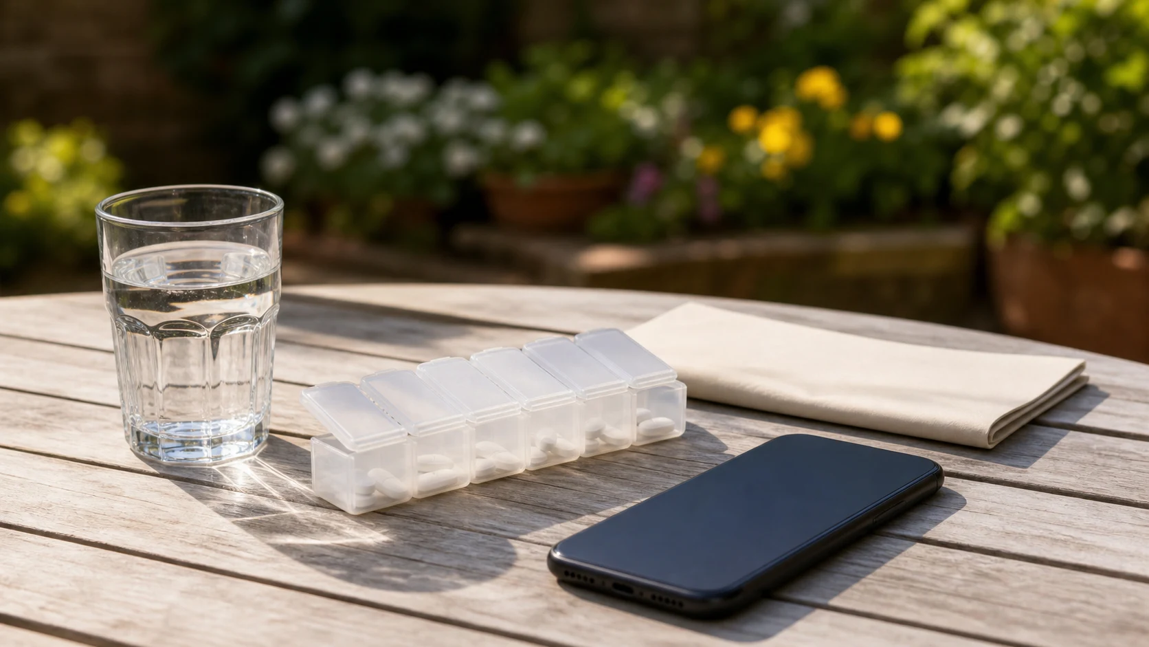 Sunny outdoor table with a weekly pill organiser, phone, folded leaflet and glass of water