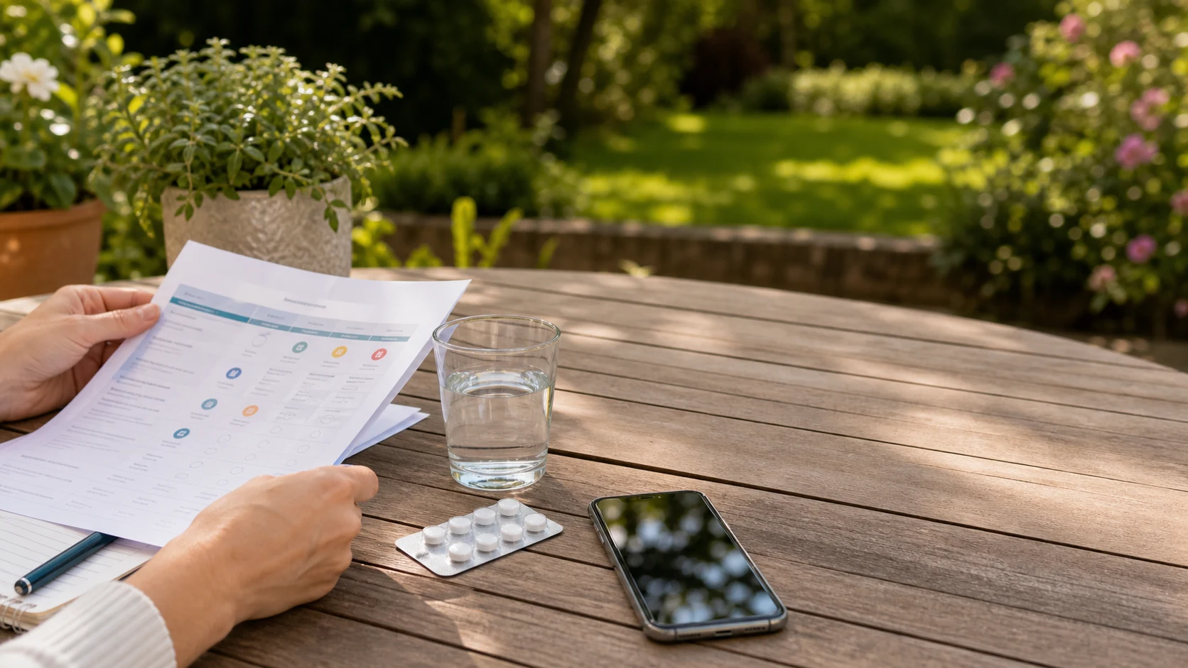 Hands holding provider comparison notes beside a smartphone, tablet blister pack and glass of water on an outdoor table