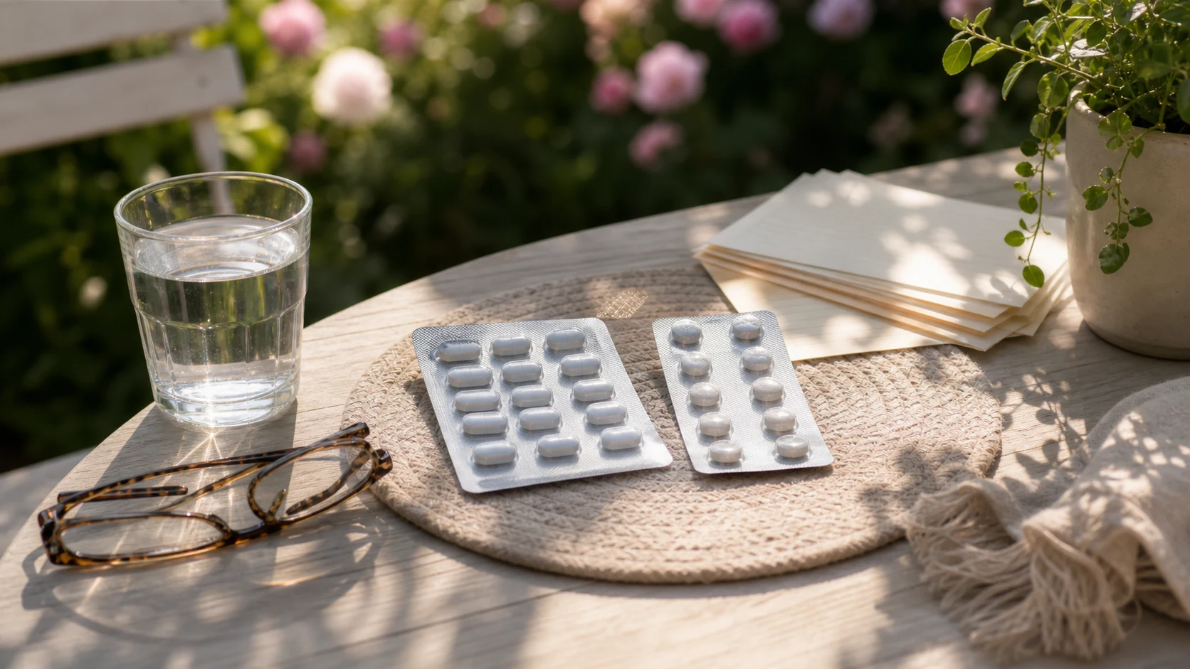 Two tablet blister packs beside a glass of water and reading glasses on a sunny outdoor garden table
