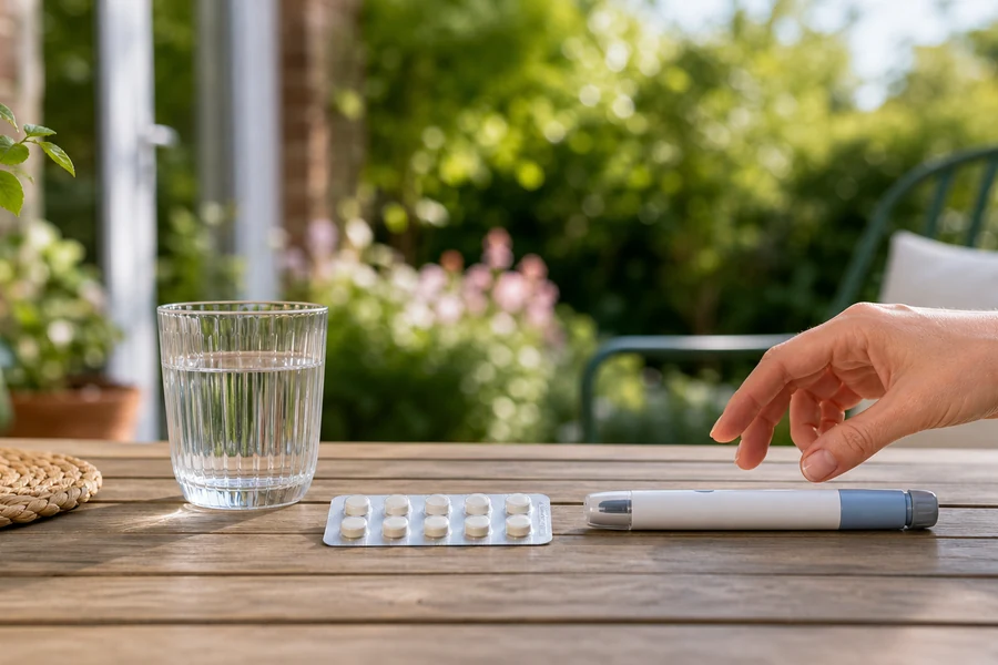 Tablets and an injection pen on an outdoor garden table beside a glass of water