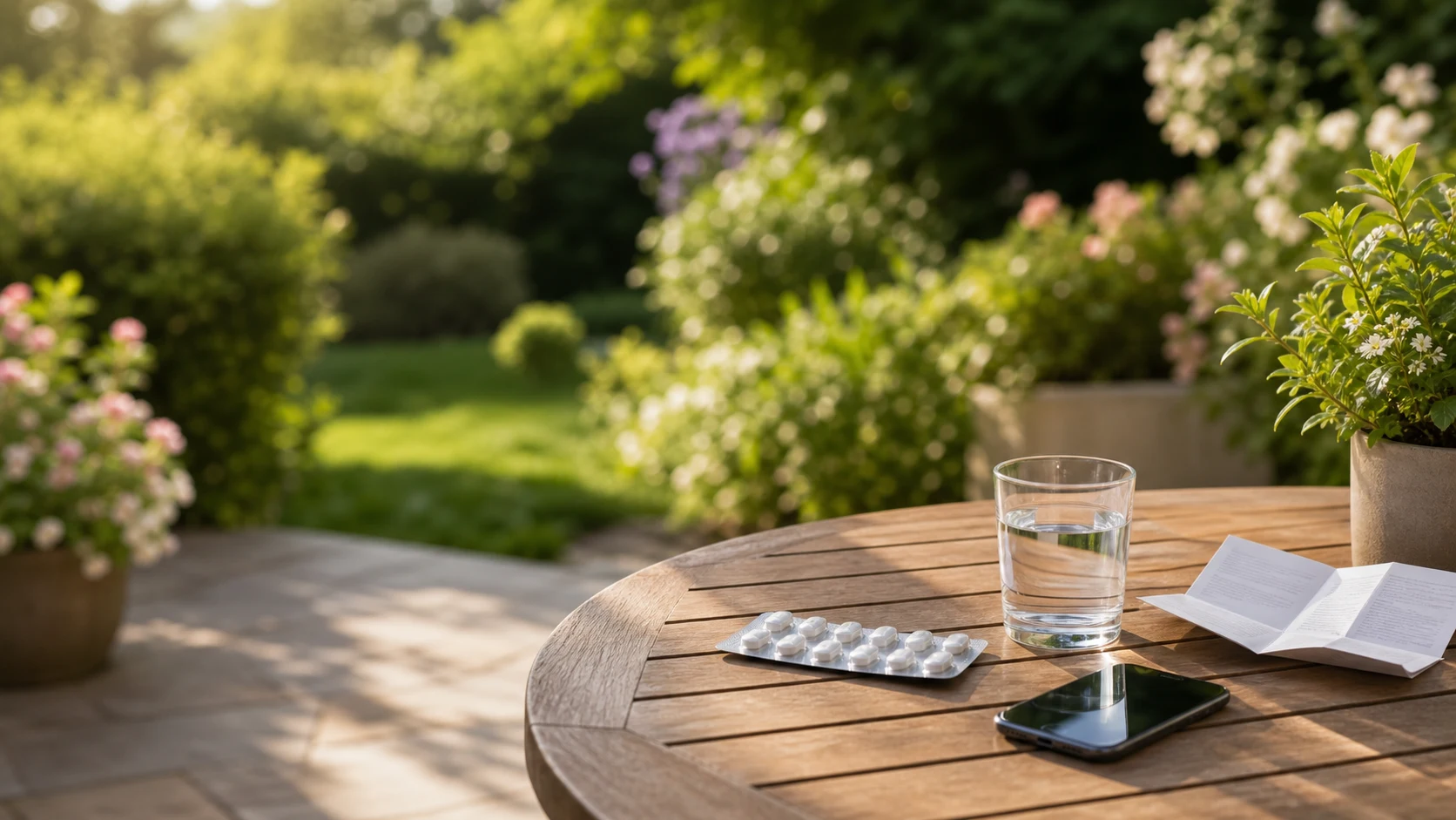 Outdoor garden-table still life with tablet blister pack, folded leaflet, phone and glass of water