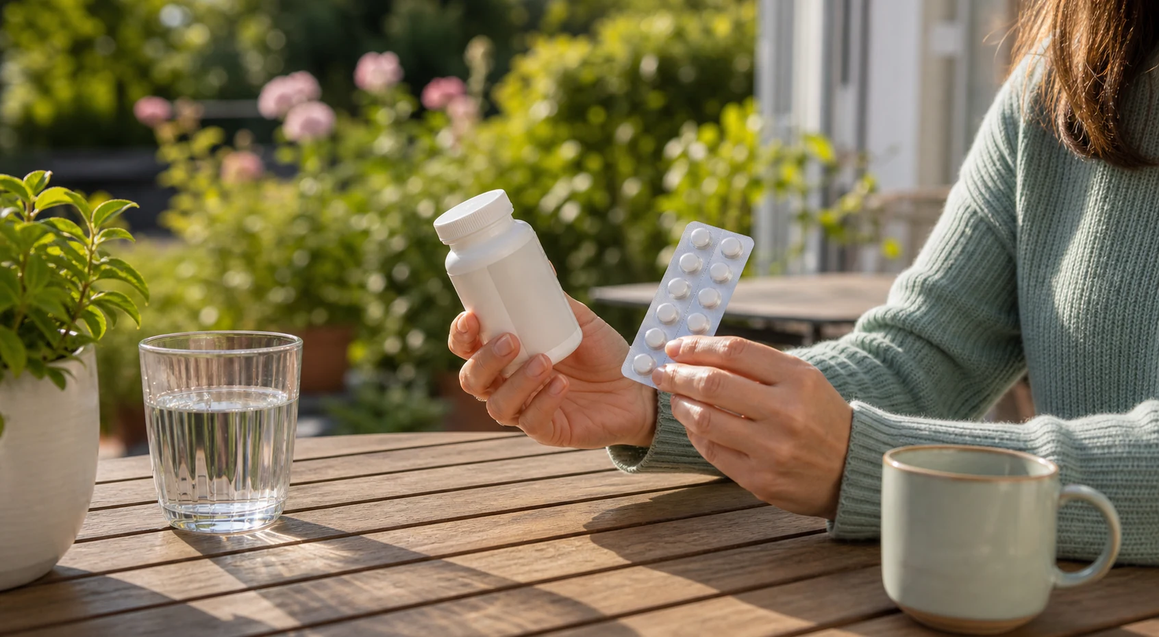 Person comparing tablet options beside a glass of water on an outdoor table