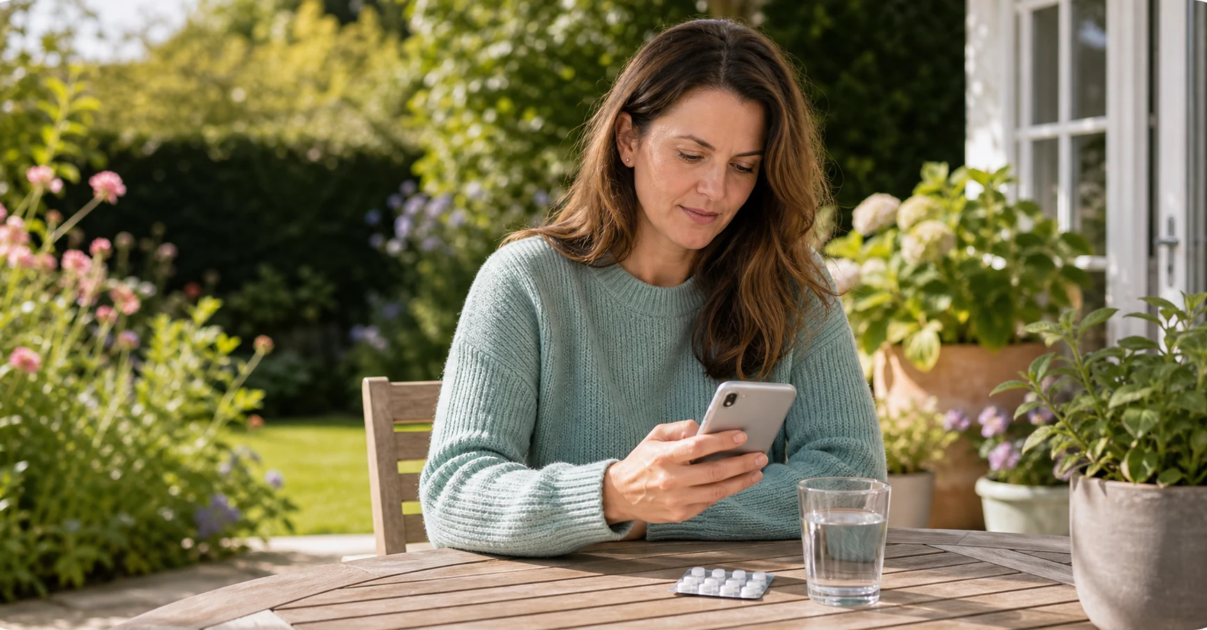 Tablet blister pack, phone, leaflet and glass of water on an outdoor table