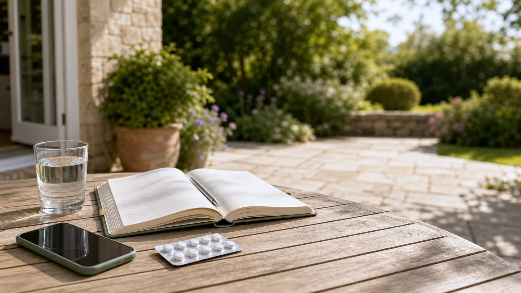 Outdoor table with open diary, phone, tablet blister pack and glass of water representing UK availability timing