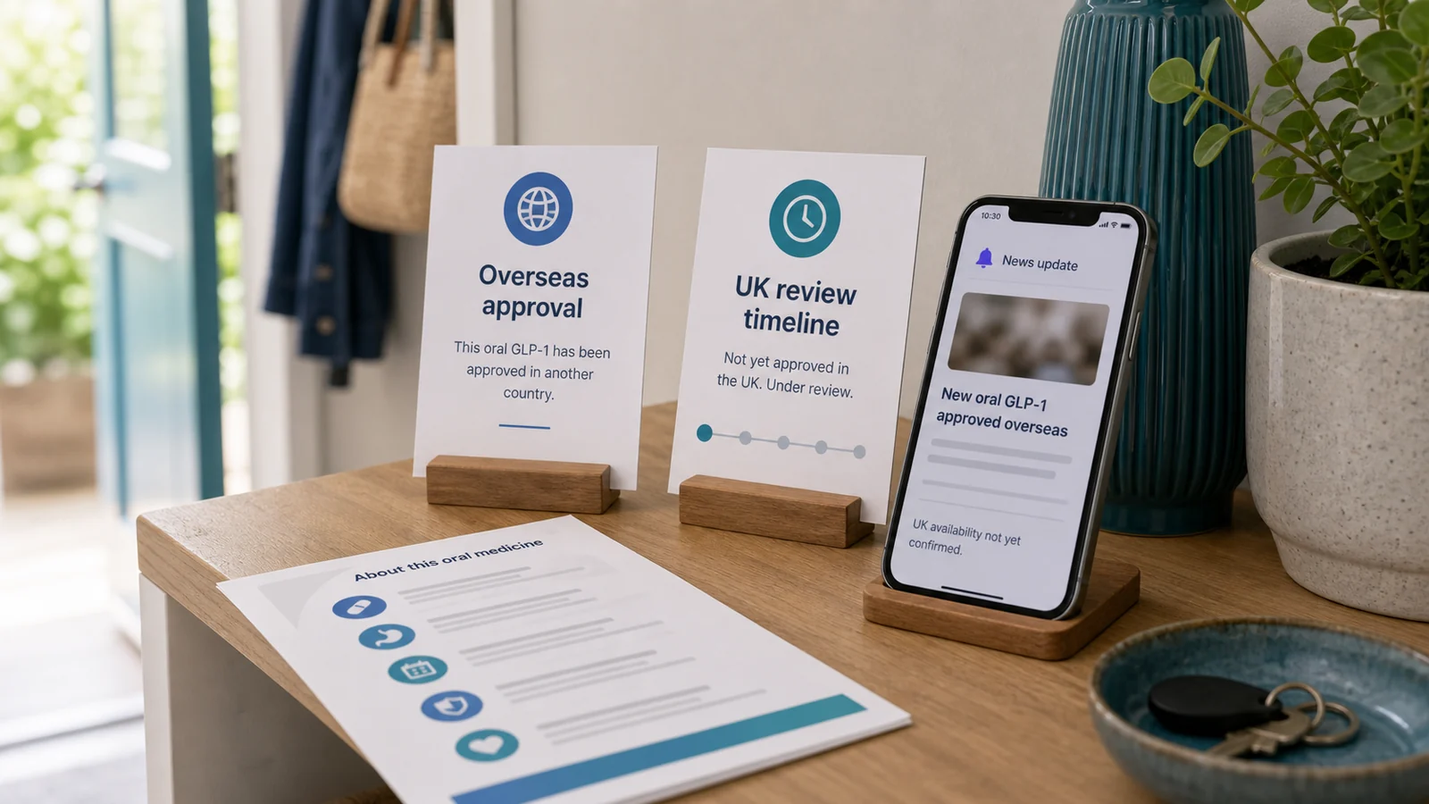 Abstract overseas approval and UK review cards representing orforglipron availability checks