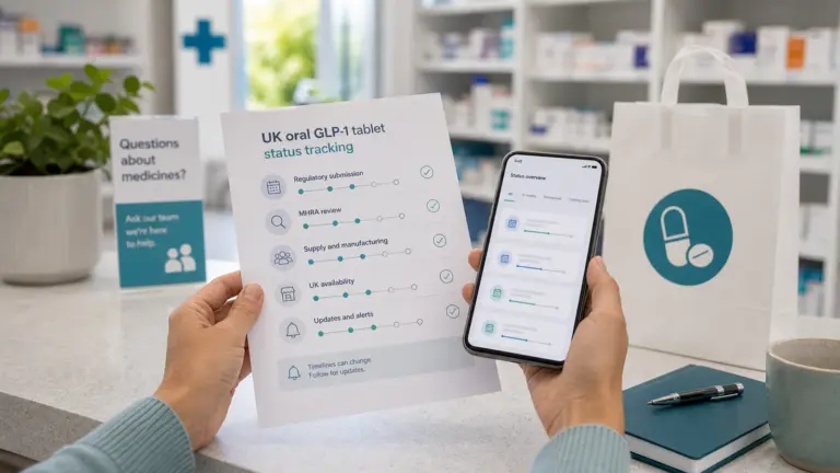 Unbranded tablet availability checklist and abstract timeline cards in a UK pharmacy setting