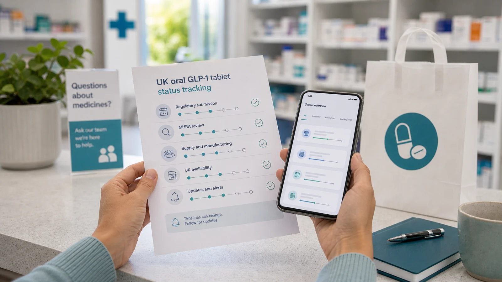 Unbranded tablet availability checklist and abstract timeline cards in a UK pharmacy setting