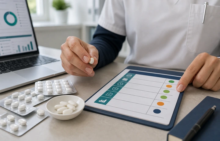 Clinician reviewing a generic oral GLP-1 watchlist beside tablets and a status sheet
