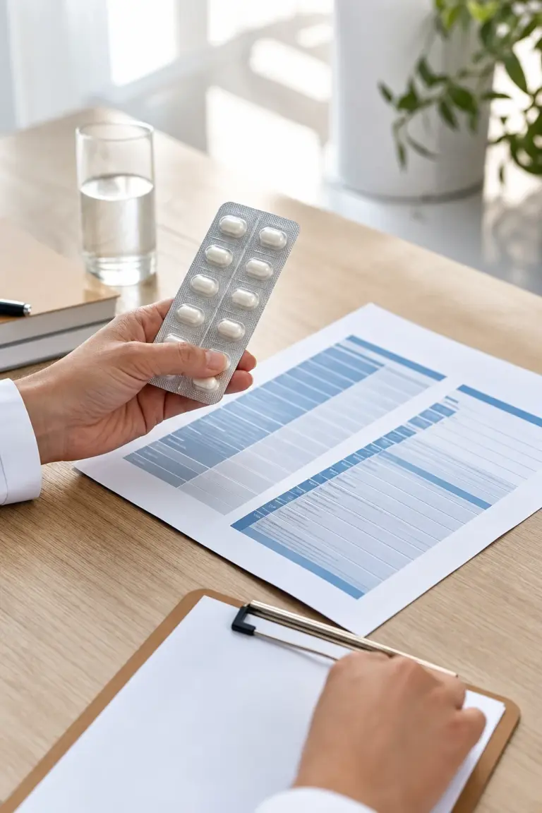 Clinician reviewing a generic oral semaglutide tablet blister beside product notes and a clipboard