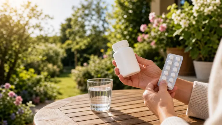 Hands holding a neutral medicine bottle and blister strip beside a glass of water on a sunny outdoor table