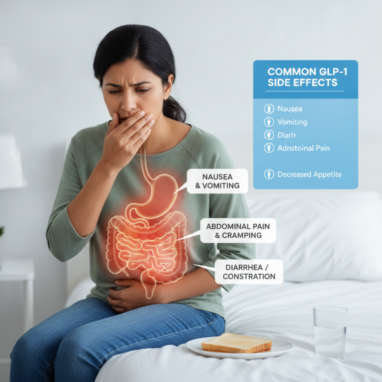 Medical illustration showing common GLP-1 side effects including nausea and gastrointestinal symptoms