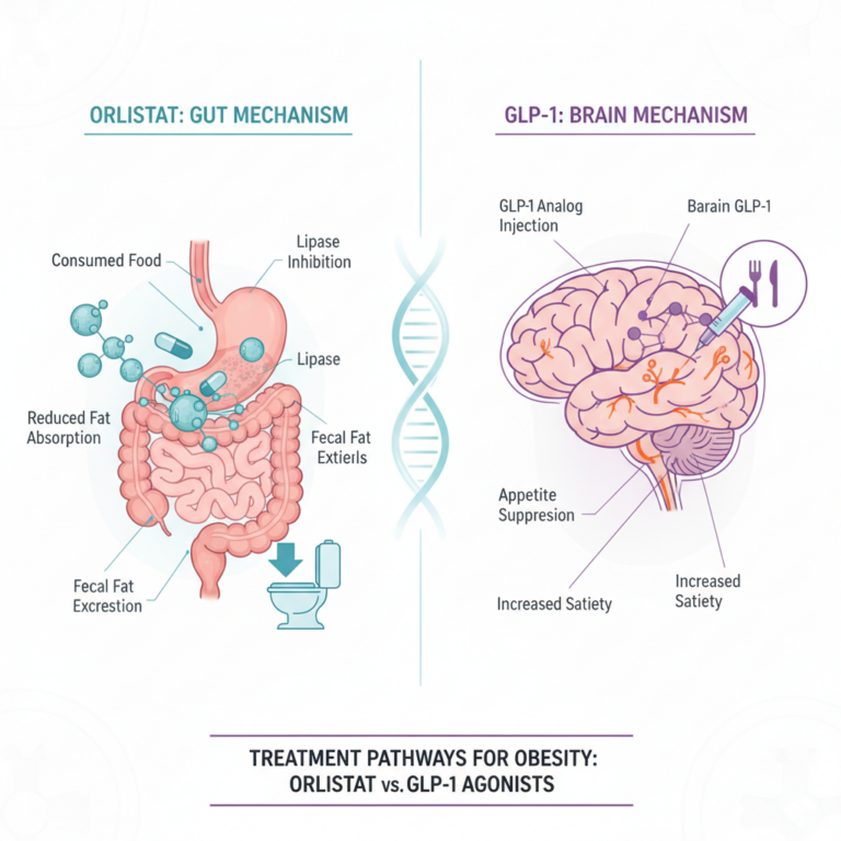 Comparison diagram showing orlistat gut mechanism versus GLP-1 brain appetite suppression