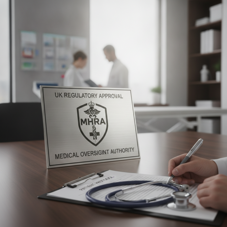 UK regulatory approval documentation with MHRA medical oversight authority insignia
