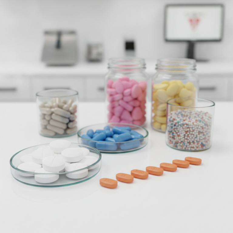 Professional pharmacy presentation of various oral medication tablets and capsules in containers