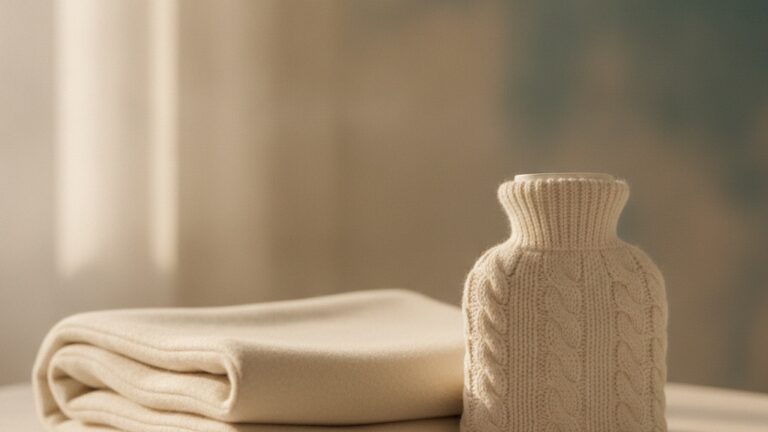 A folded blanket beside a knitted hot water bottle symbolising gentle comfort and care