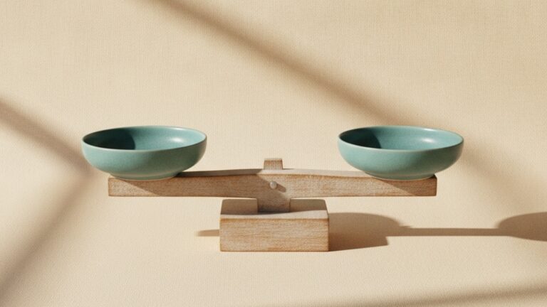 A balanced wooden scale with two teal-glazed dishes symbolising a treatment comparison