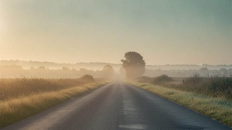 A quiet countryside road extending toward a misty dawn horizon symbolising future developments