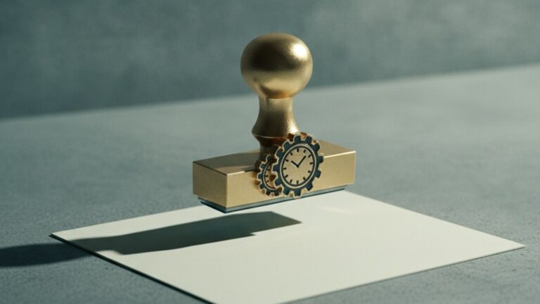 A brass stamp hovering above a blank card symbolising regulatory timing