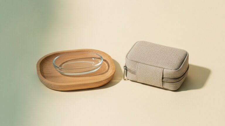 A small glass tablet dish beside a compact travel case symbolising the convenience of a daily tablet routine